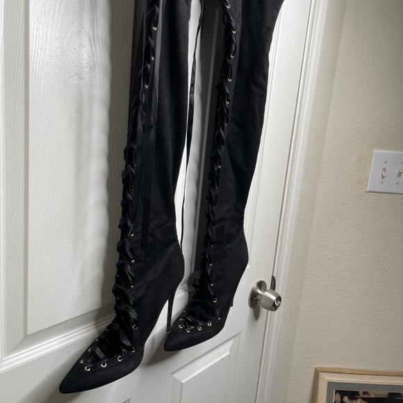 Lace Up Black Thigh High Stiletto Boots - Picture 11 of 14